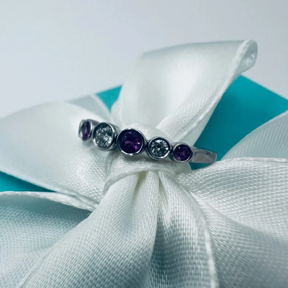 RARE Tiffany & Co. Platinum Jazz Ring with Diamonds and Pink Sapphires Packaging